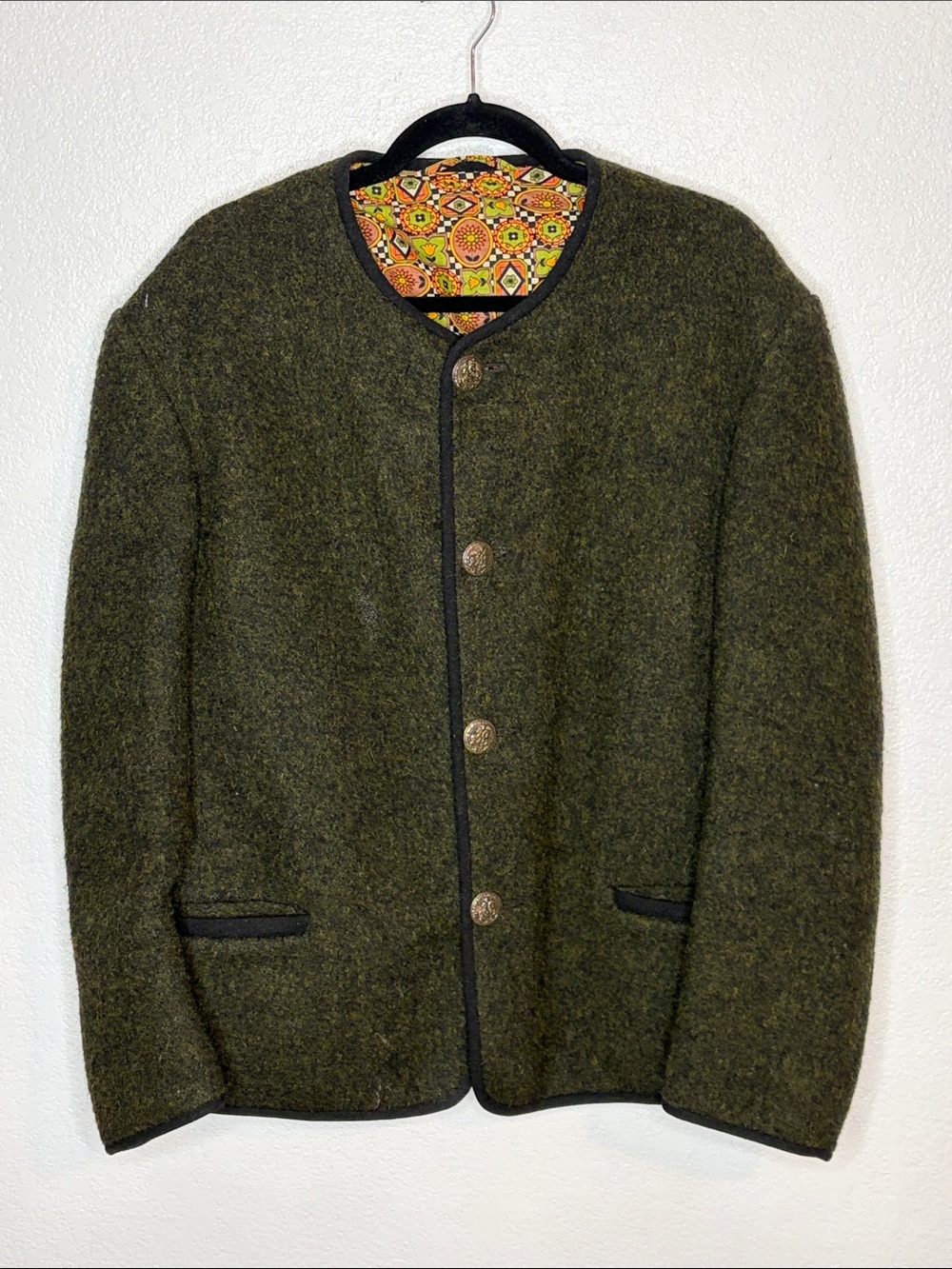 Vintage 70s Green Black Boiled Wool Jacket with Intricate Buttons Size XL